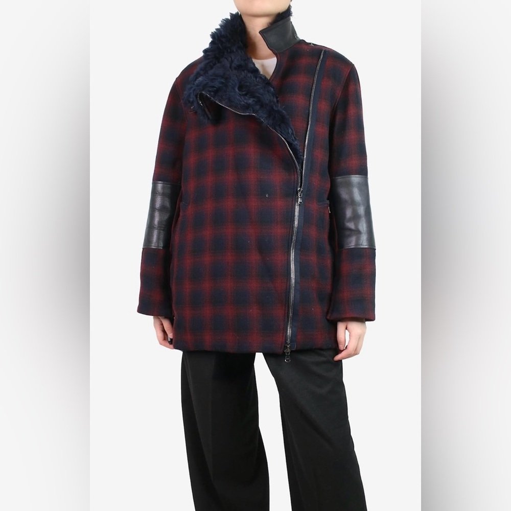 Phillip Lim Shadow Plaid Wool Jacket w Detachable Shearling Collar Navy Red XS